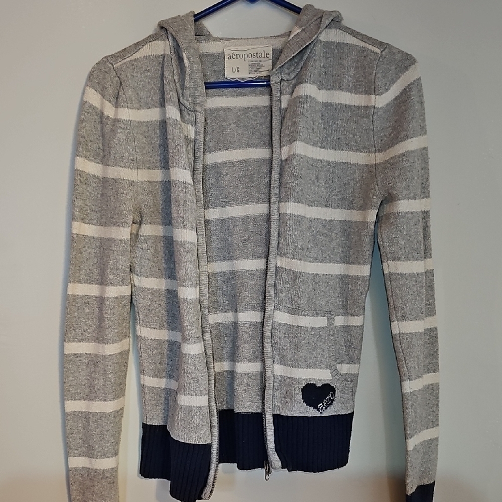 Aeropostale Gray and White Cardigan with Hood